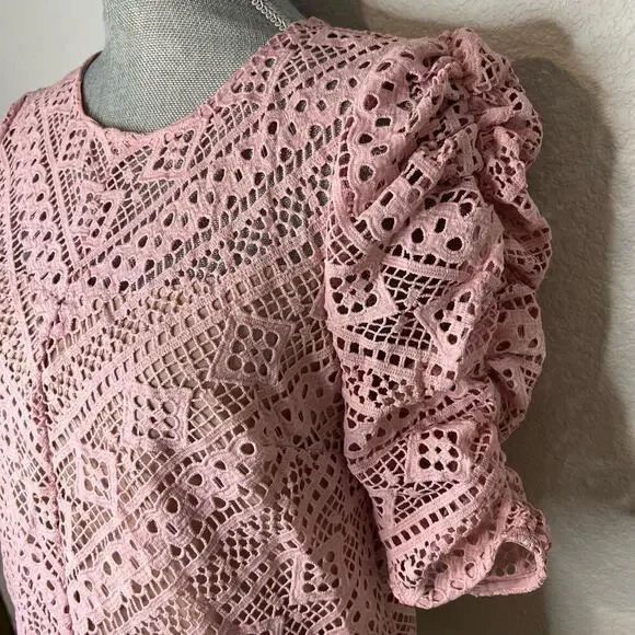 Endless Rose Vintage Pink Lace Top S Small Ruched Puff Sleeve Shirt - Picture 7 of 9